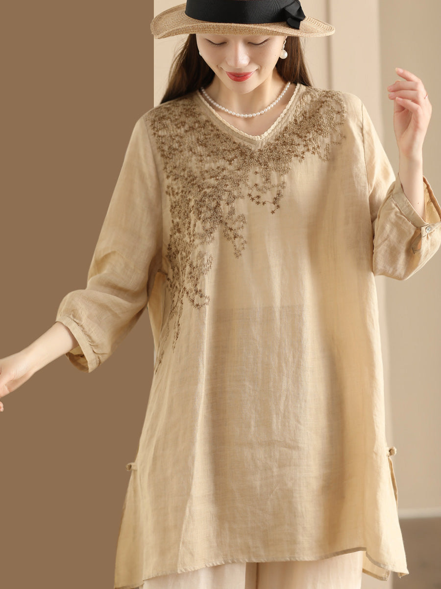 Women Summer Artsy Embroidery Ramie Long Shirt AS1022 Ada Fashion