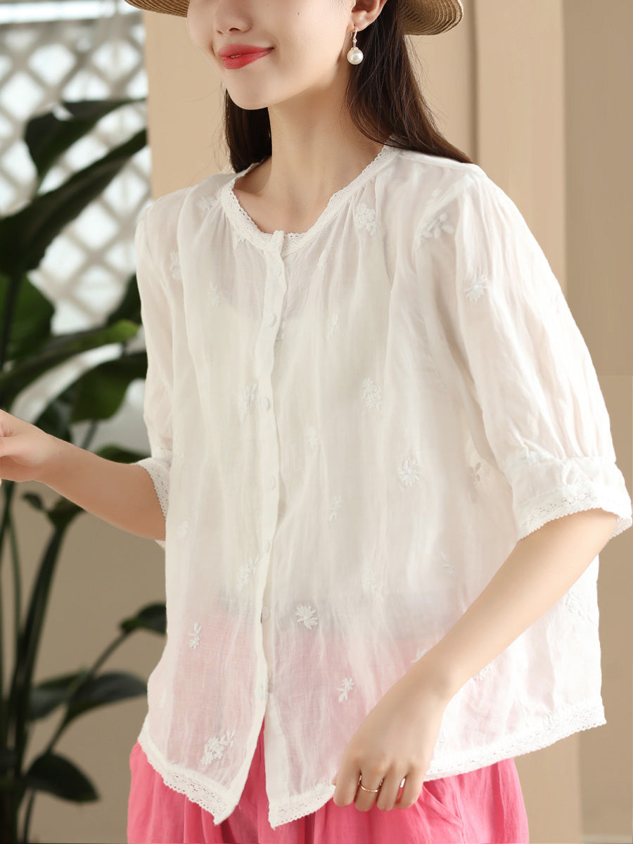 Women Summer Vintage Embroidery Button-up Ramie Shirt CX007 ZMMM