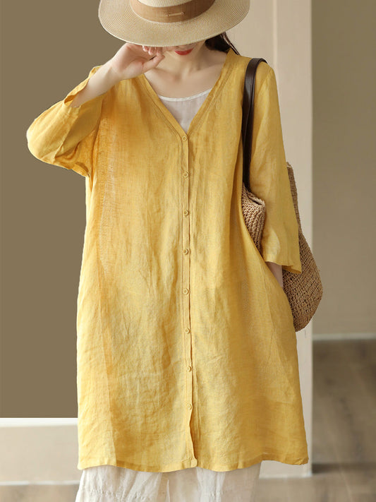 Women Summer Casual Solid Linen Button-up Long Shirt SC1033 Ada Fashion