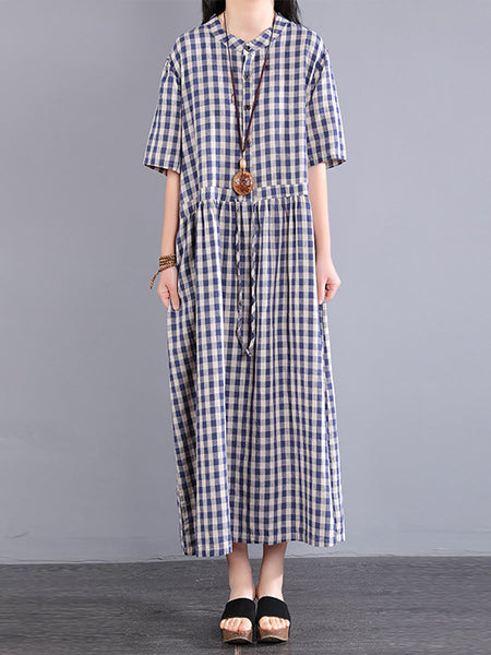 Plus Size Women Casual Plaid Summer Cotton Linen Dress SC1061 Ada Fashion