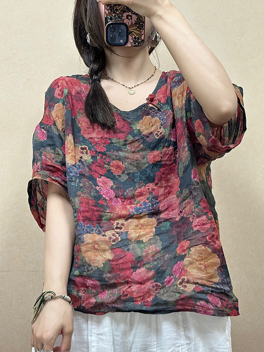 Women Summer Vintage Flower O-Neck Ramie Shirt PP1018 BUYKUD