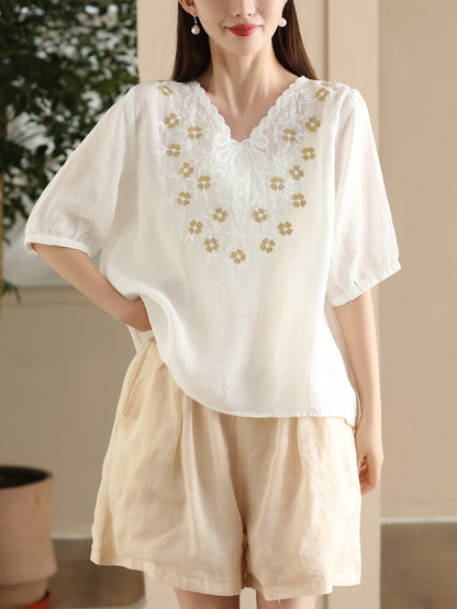 Women Summer Artsy Flower Embroidery Ramie V-Neck Shirt CC030 LPP