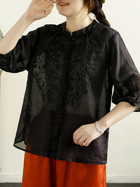 Women Summer Artsy Embroidery Button Ramie Shirt II1043 BUYKUD