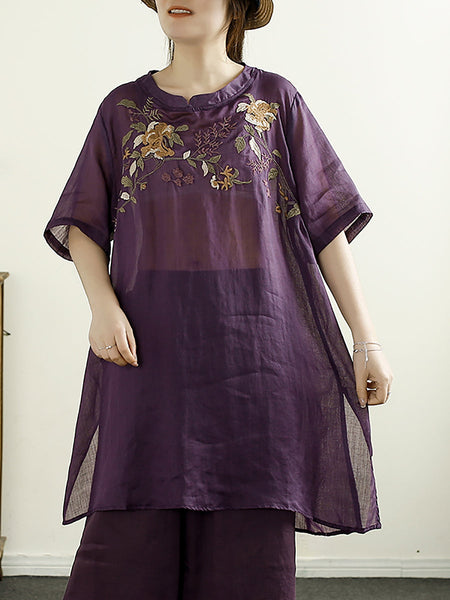 Women Summer Artsy Flower Embroidery Ramie Shirt TY1026 Ada Fashion