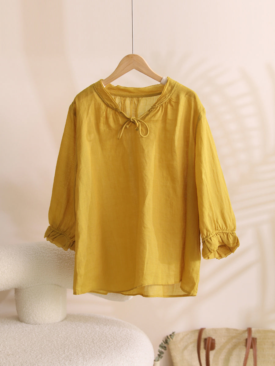 Women Summer Solid Ruffle-Sleeve Ramie Thin Shirt WE1026 Ada Fashion