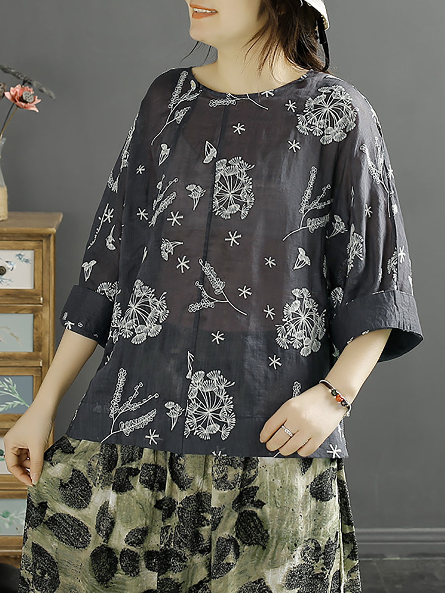 Women Vintage Embroidery Solid Ramie Shirt AA1012 Ada Fashion