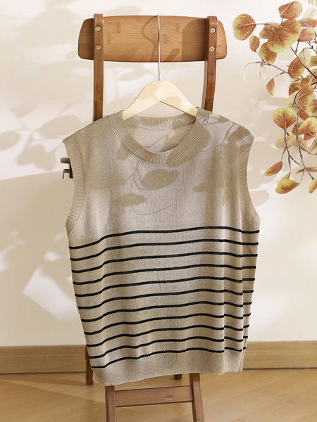 Women Summer Casual Stripe Knitted O-Neck Linen Vest CX004 BUYKUD