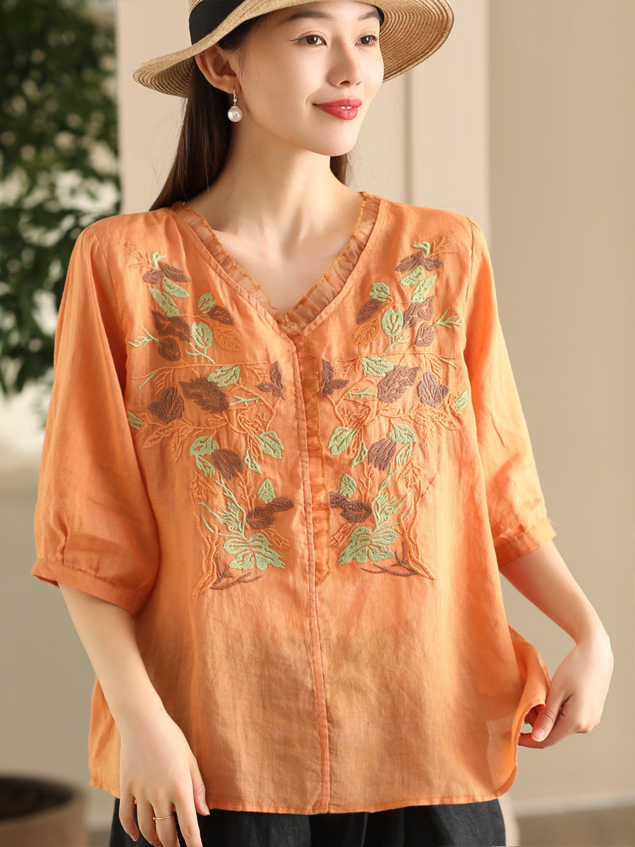 Women Summer Vintage Flower Embroidery Lace Ramie Shirt FD044 CTJY