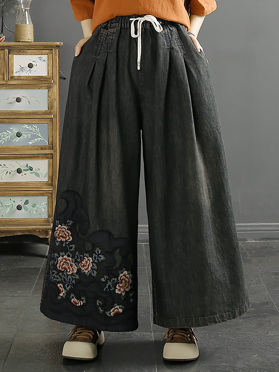 Women Summer Vintage Koi Embroidery Wide-leg Denim Pants CO1049 Ada Fashion