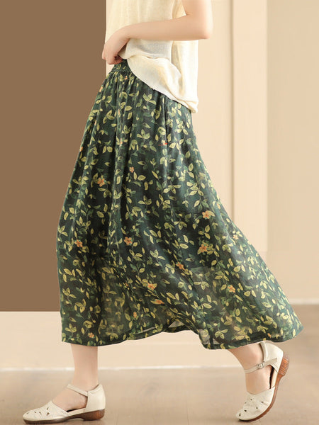 Women Artsy Summer Flower Ramie A-shape Skirt CO1025 Ada Fashion