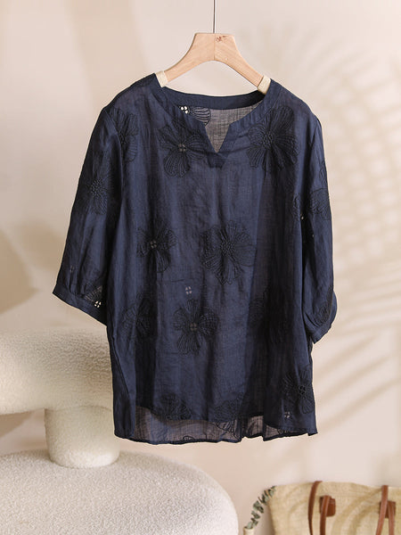 Women Summer Artsy Flower Embroidery Ramie Shirt TY1036 Ada Fashion
