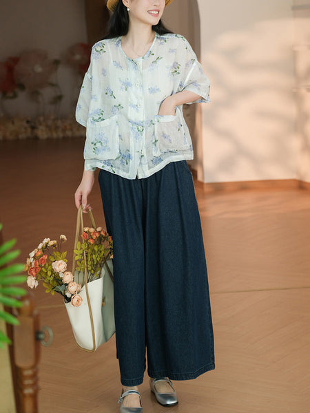 Women Summer Artsy Flower Button-up Pocket Ramie Shirt CC047 LPP