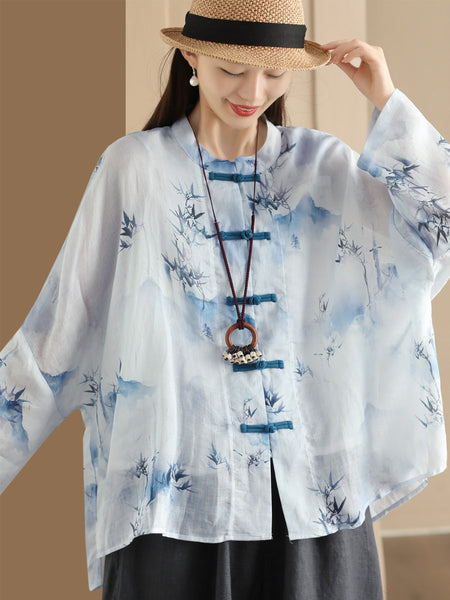 Women Summer Artsy Flower Button-Up Ramie Shirt HH016 ZMMM