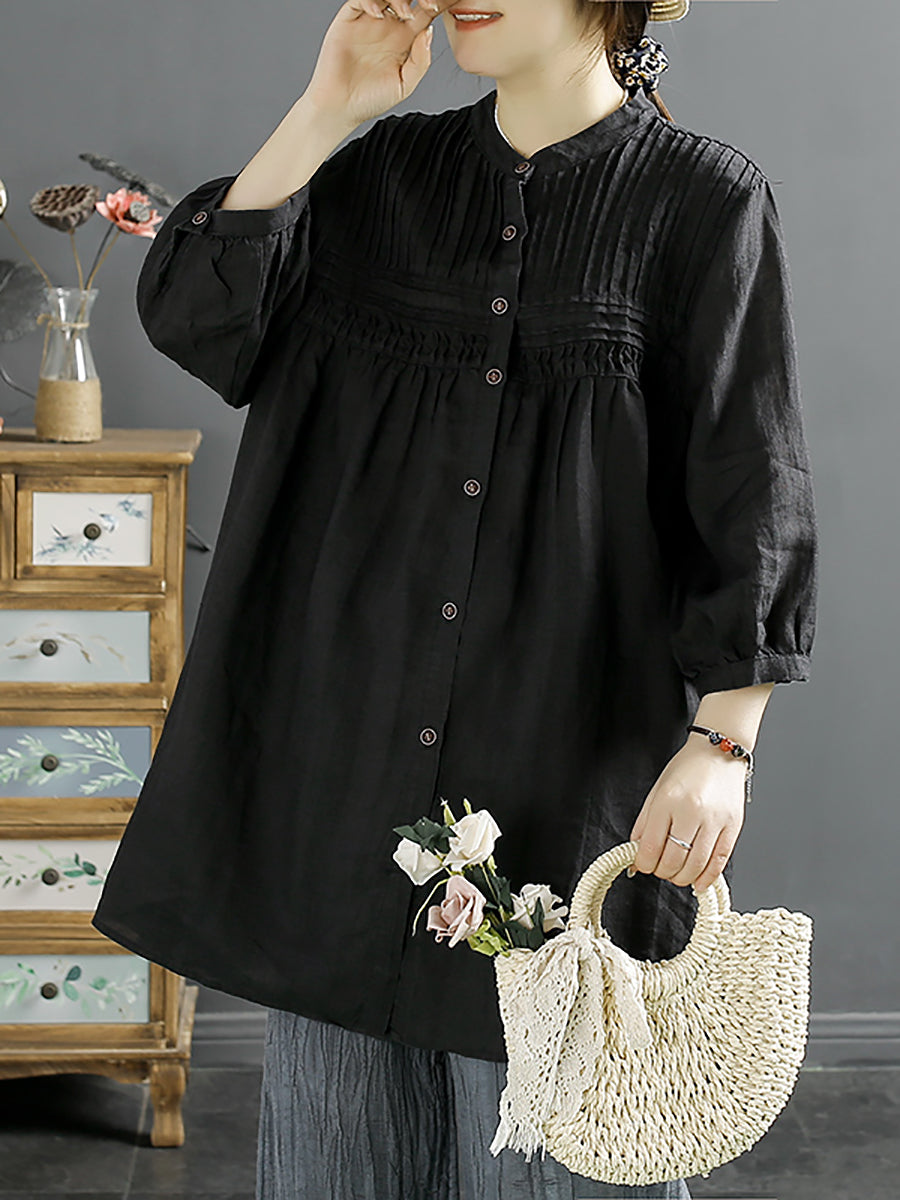 Women Artsy Summer Shirred Solid Linen Shirt SC1058 Ada Fashion