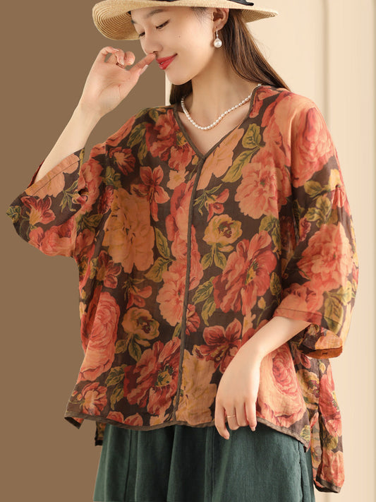 Women Vintage Floral V-Neck Linen Summer Shirt XX1014 Ada Fashion