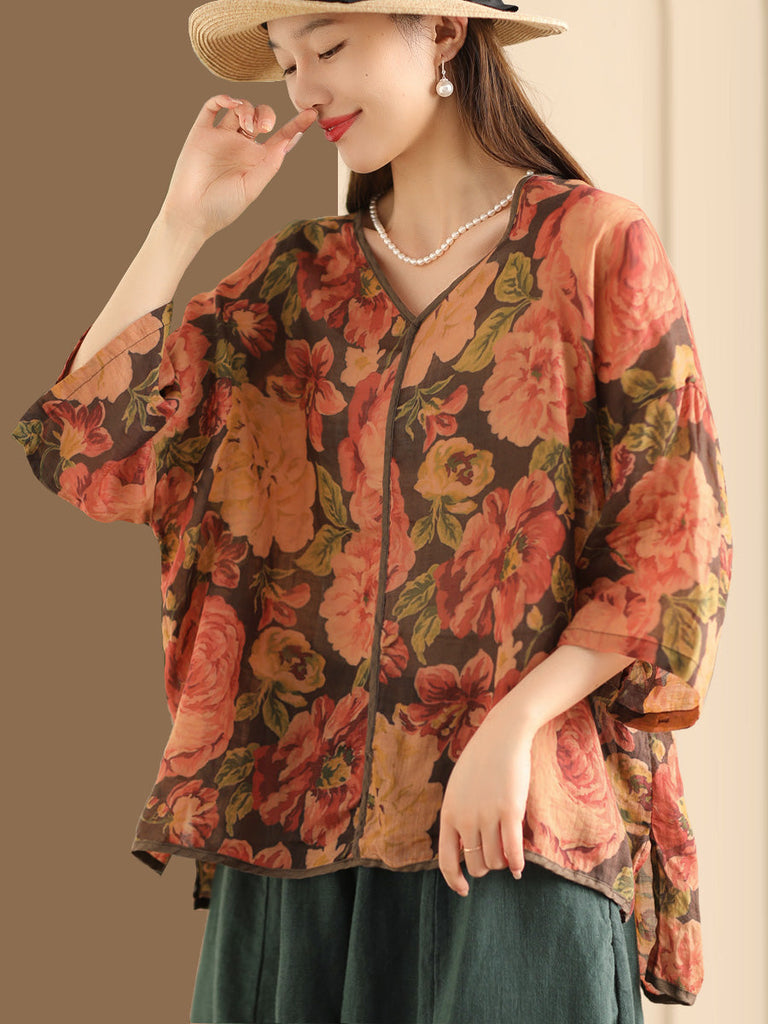 Women Vintage Floral V-Neck Linen Summer Shirt XX1014 Ada Fashion