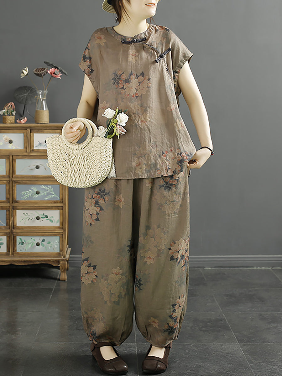 Women Ethnic Summer Floral Buckle 100%Ramie Shirt KL1007 Ada Fashion