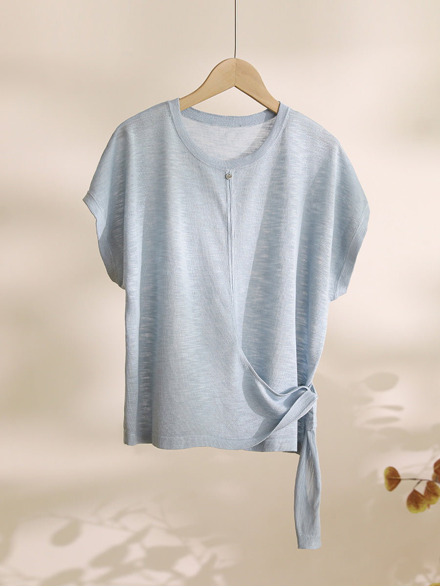 Women Summer Artsy Strap O-Neck Solid Shirt CX005 BUYKUD