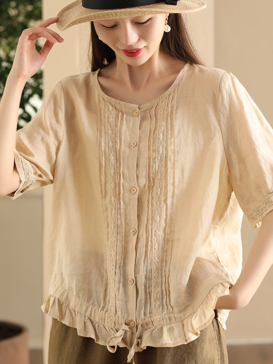 Women Summer Vintage Embroidery Button-up Strap Ramie Shirt FD018 ZMMM