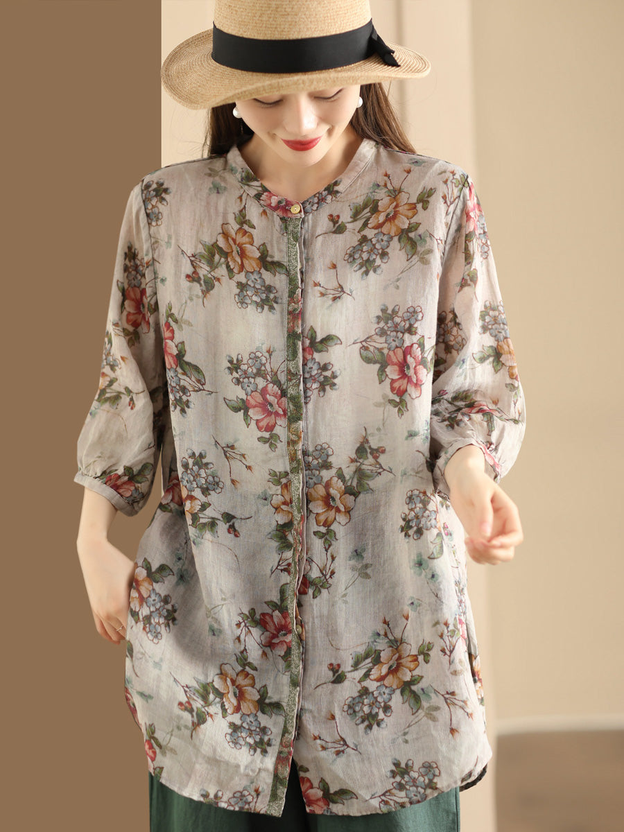 Women Summer Artsy Floral Spliced Ramie Long Shirt TY1024 Ada Fashion