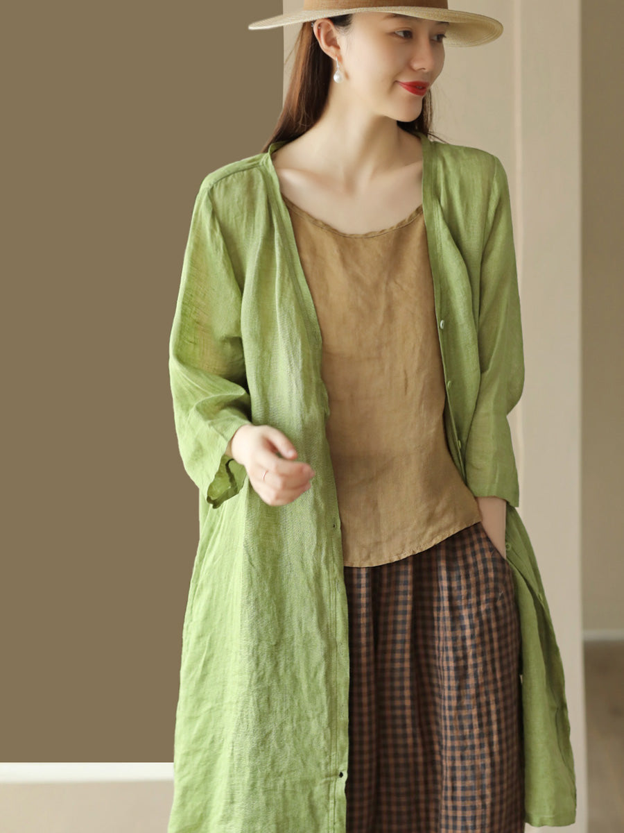 Women Summer Casual Solid Linen Button-up Long Shirt SC1033 Ada Fashion