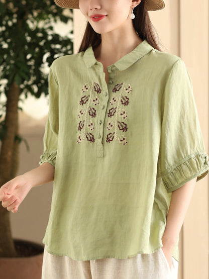 Women Summer Vintage Embroidery Turn-down Collar Ramie Shirt FD017 YDR