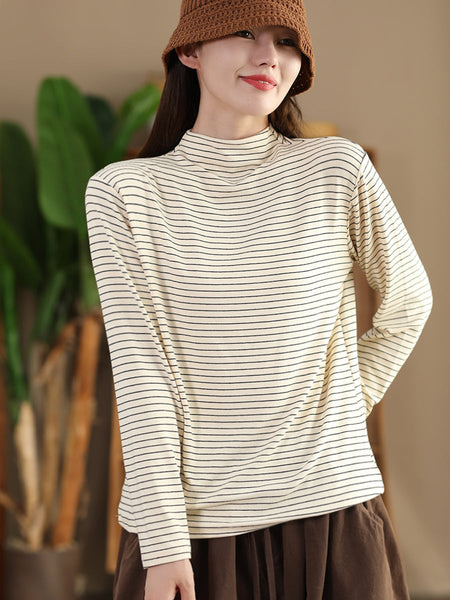 Women Autumn Casual Stripe Half Turtleneck Blouse AI1064 ZMMM