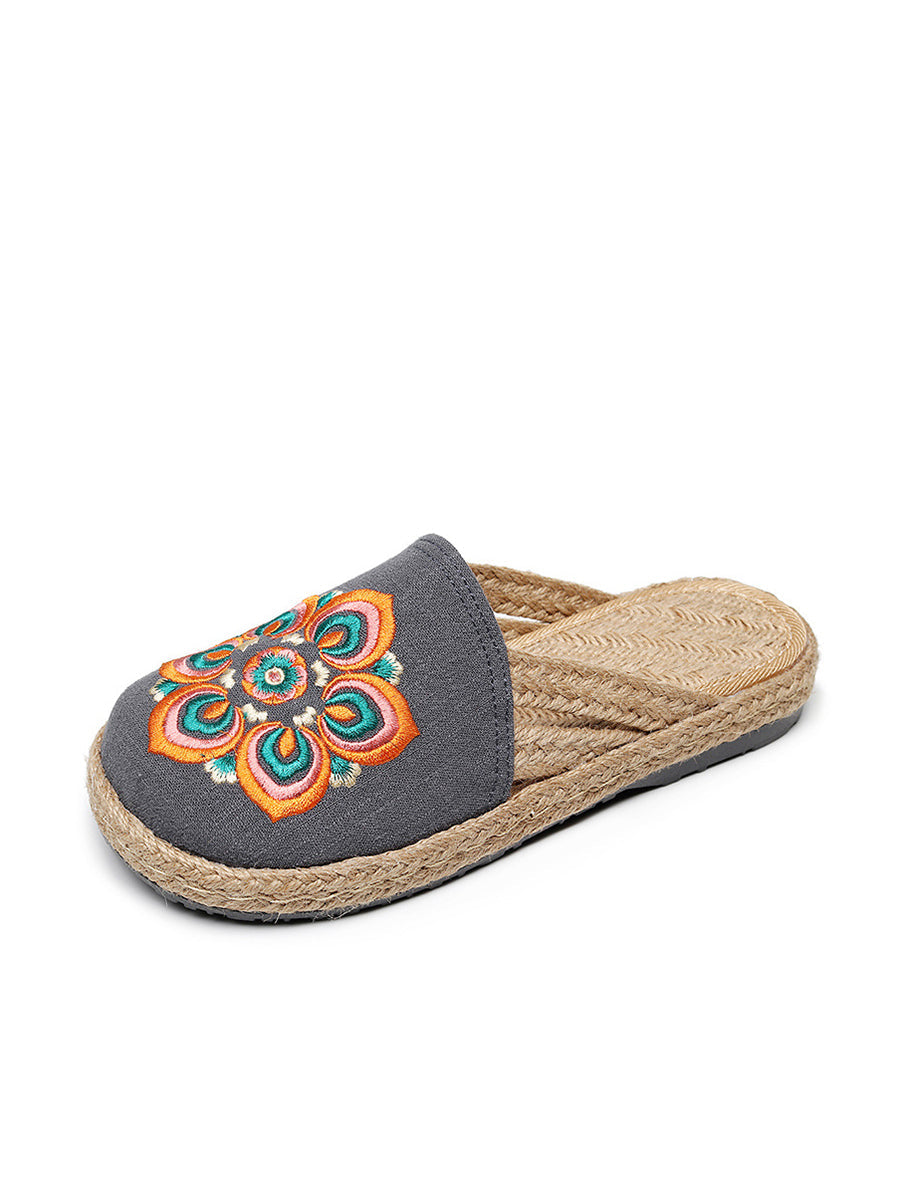 Women Summer Ethnic Flower Embroidert Straw Slippers II1017 TCXY