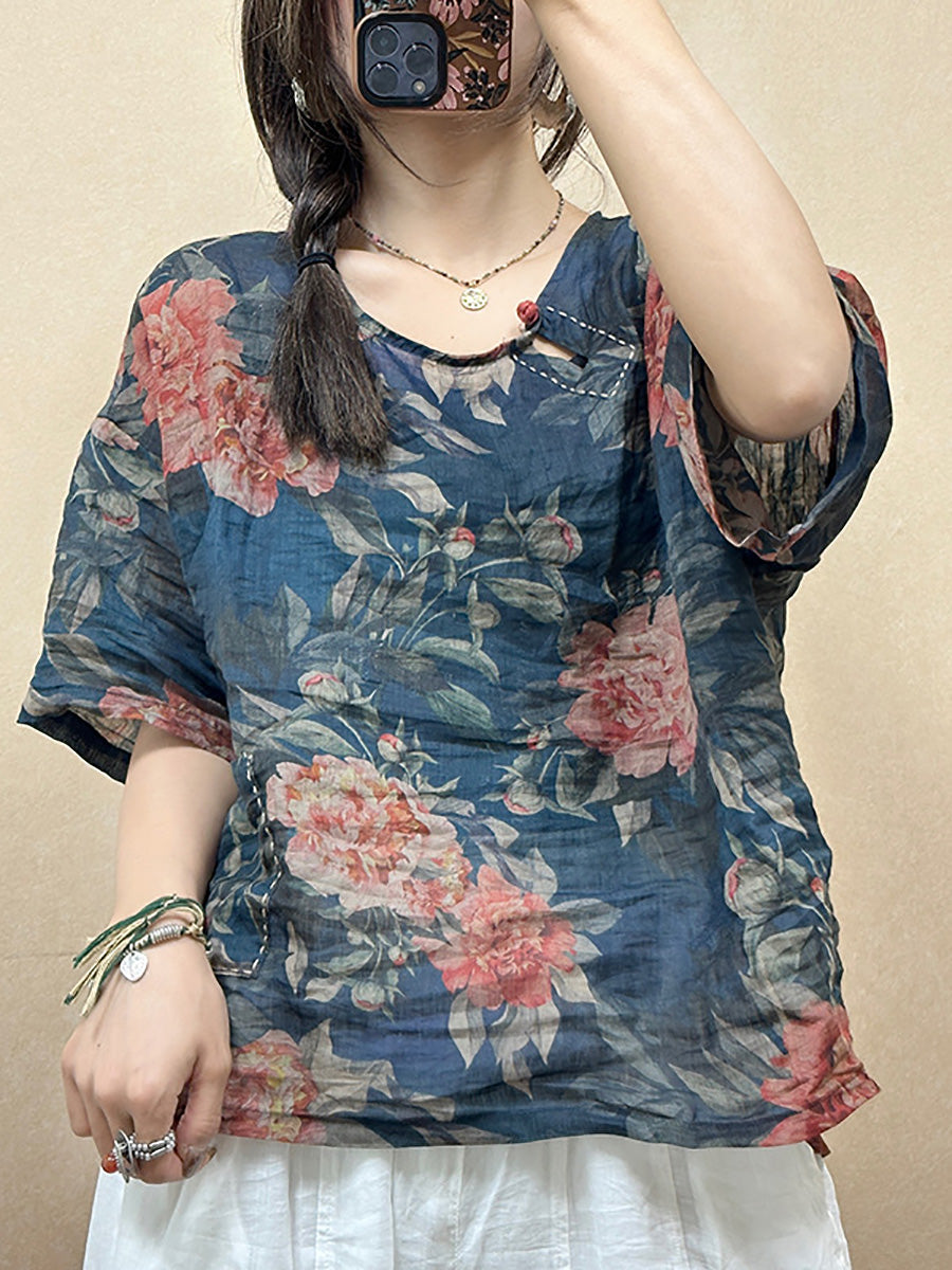 Women Summer Vintage Flower O-Neck Ramie Shirt PP1018 BUYKUD