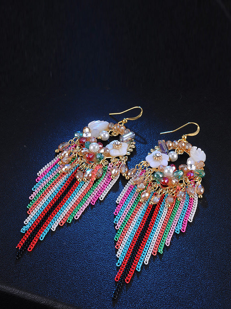 Bohemia Women Tassel Bead Flower Alloy Earrings FD011 YMR