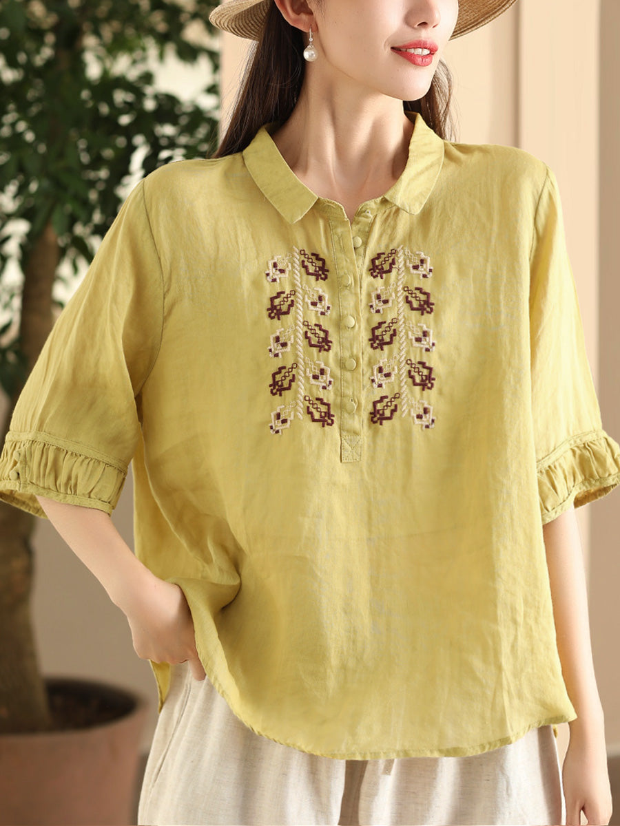 Women Summer Vintage Embroidery Turn-down Collar Ramie Shirt FD017 YDR