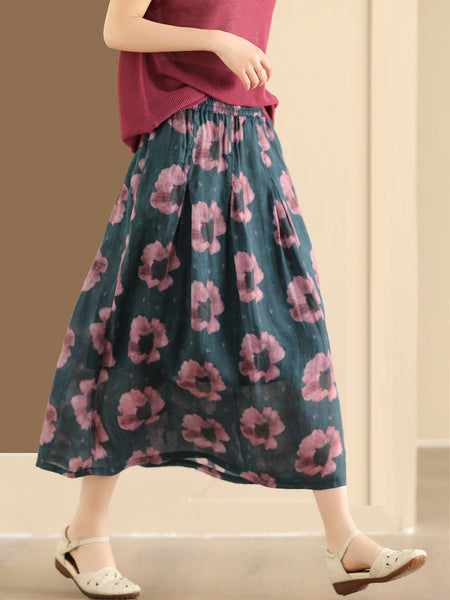 Women Artsy Summer Flower Ramie A-shape Skirt CO1025 Ada Fashion