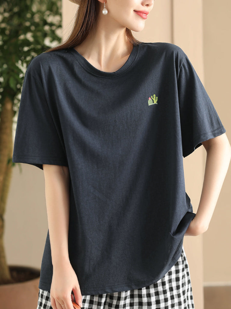 Women Summer Casual Solid Embroidery O-Neck Cotton Shirt CX060 JPFS