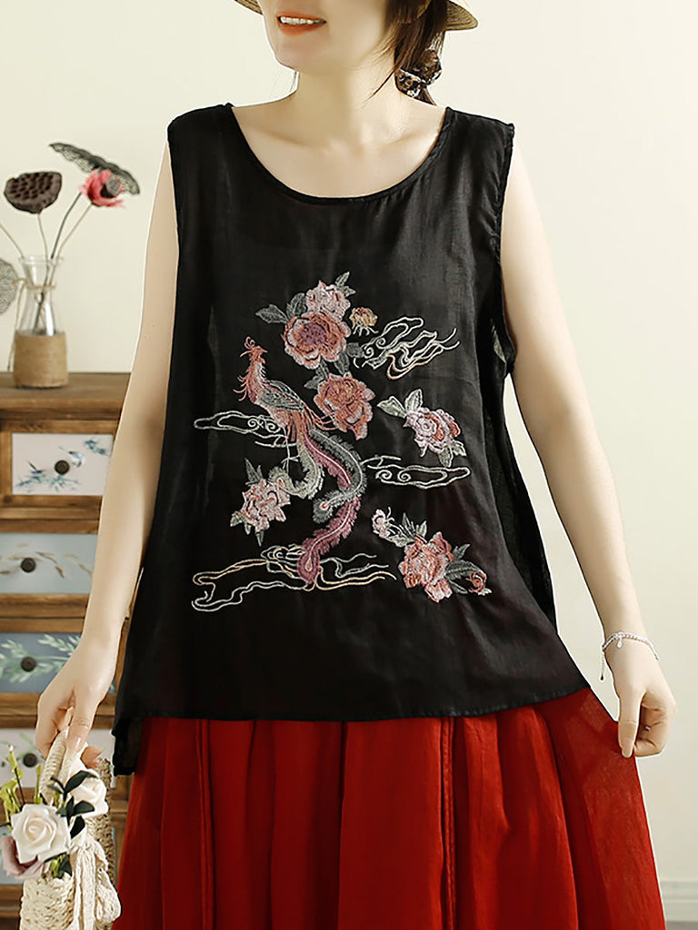 Women Vintage Flower Embroidery Ramie Summer Vest WE1022 Ada Fashion