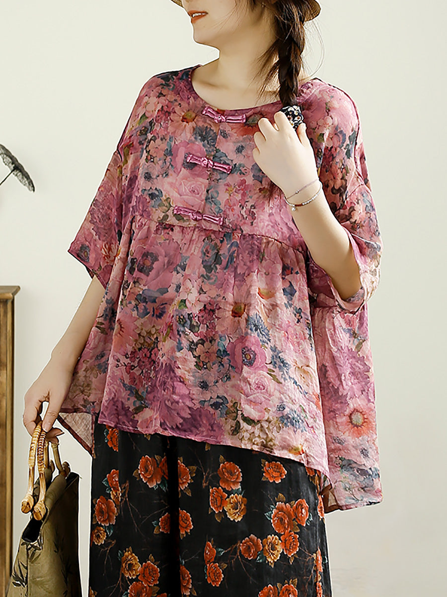 Women Summer Ethnic Flower Buckle O-Neck Ramie Shirt CX055 QQFY