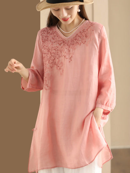 Women Summer Artsy Embroidery Ramie Long Shirt AS1022 Ada Fashion