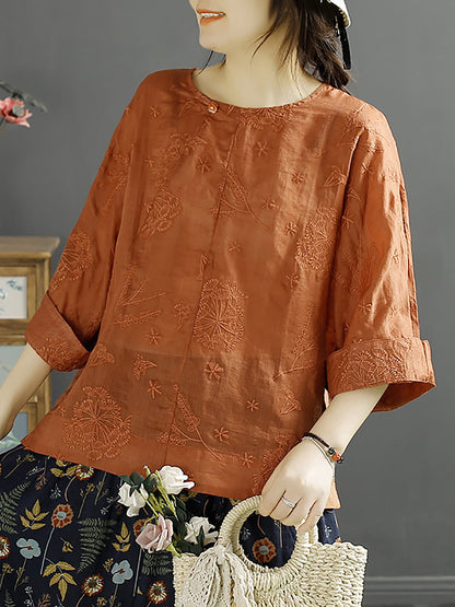 Women Vintage Embroidery Solid Ramie Shirt AA1012 Ada Fashion