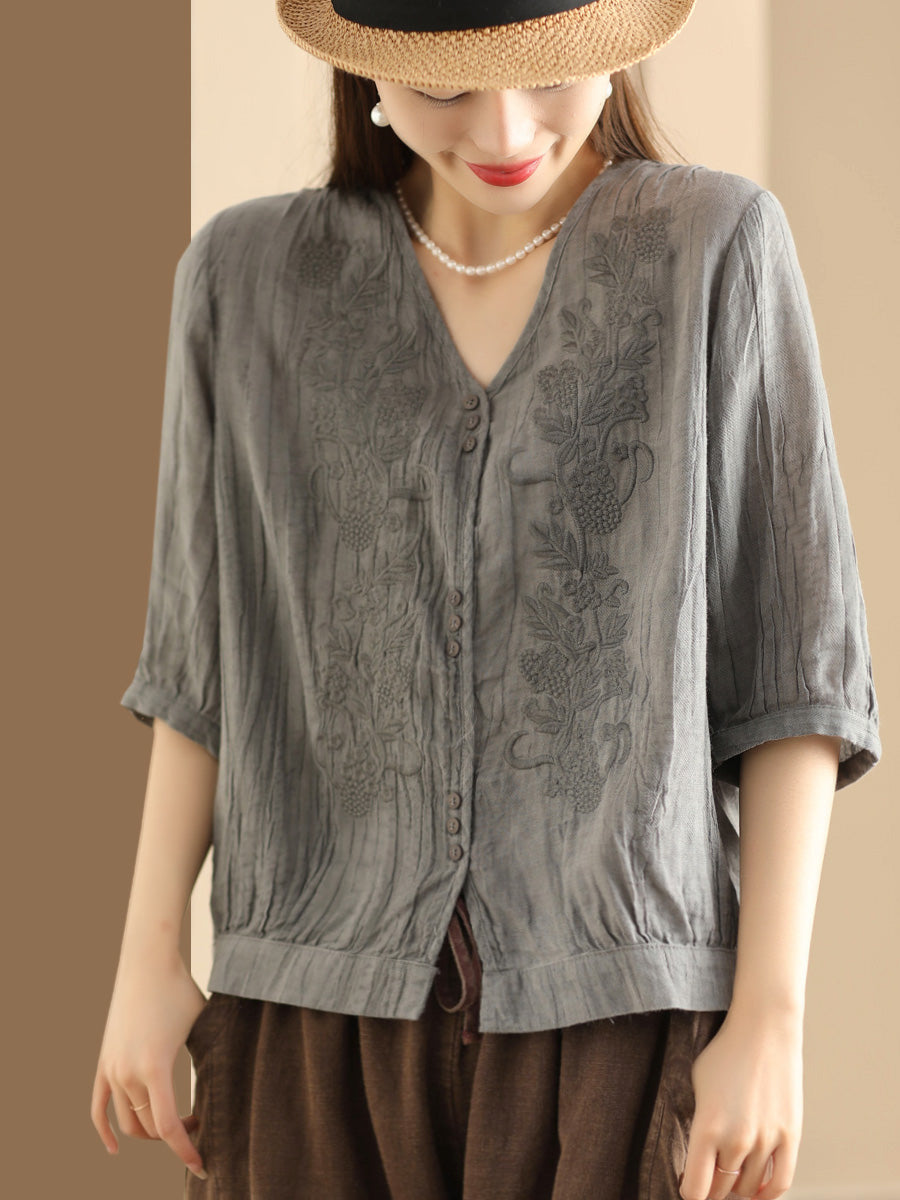 Women Vintage Summer Embroidery V-Neck Ramie Shirt PA1003 Ada Fashion