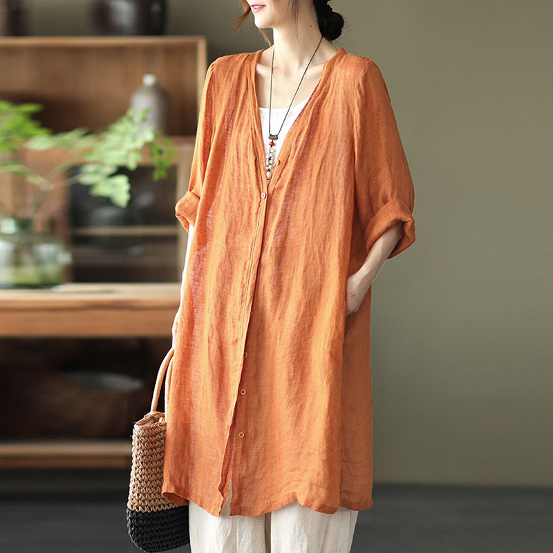 Women Summer Casual Solid Linen Button-up Long Shirt SC1033 Ada Fashion