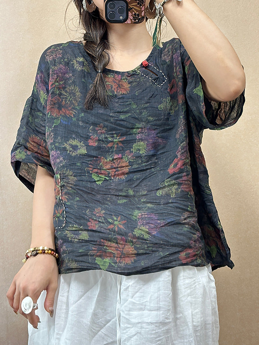 Women Summer Vintage Flower O-Neck Ramie Shirt PP1018 BUYKUD