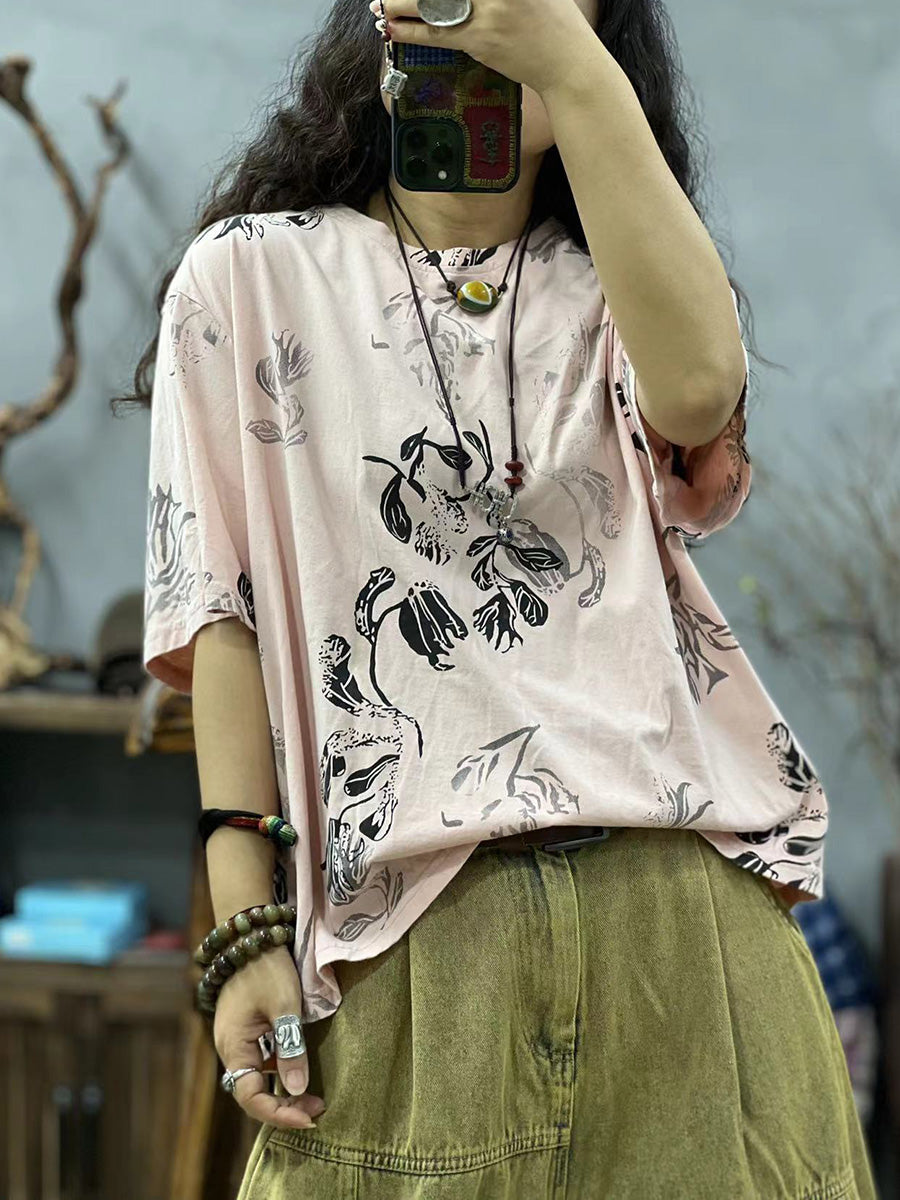 Women Summer Casual Flower O-Neck Loose Shirt CC027 LZYC