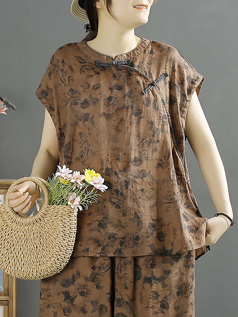 Women Ethnic Summer Floral Buckle 100%Ramie Shirt KL1007 Ada Fashion