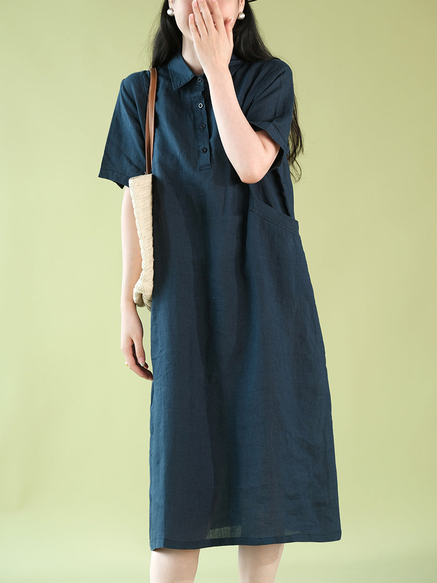 Women Summer Casual Solid Polo Collar 100%Ramie Dress CX056 ZMMM