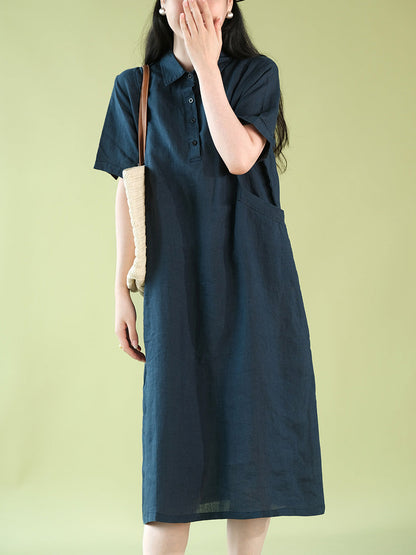 Women Summer Casual Solid Polo Collar 100%Ramie Dress CX056 ZMMM