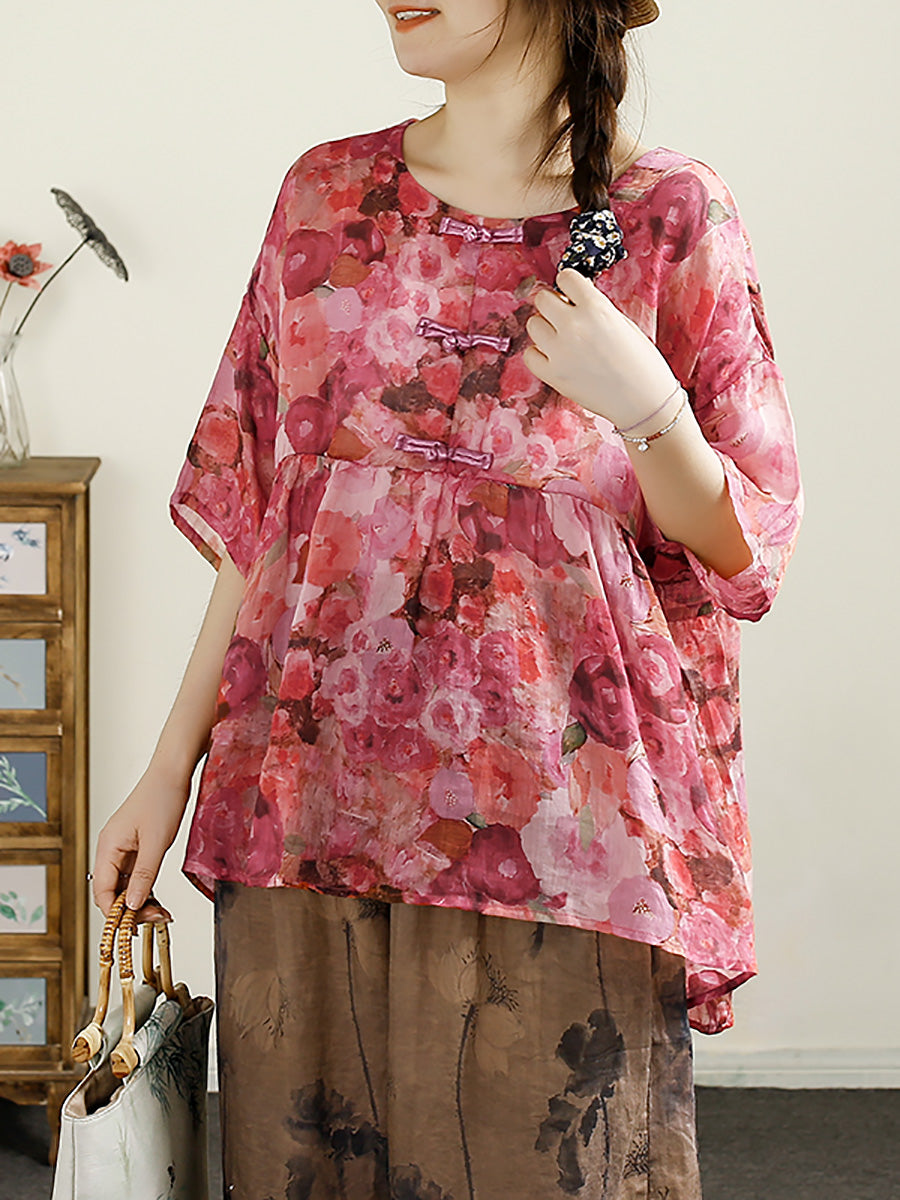 Women Summer Ethnic Flower Buckle O-Neck Ramie Shirt CX055 QQFY