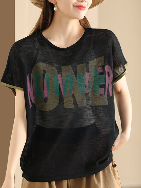 Women Summer Letter Printing Knitted Loose Shirt OP1049 BUYKUD