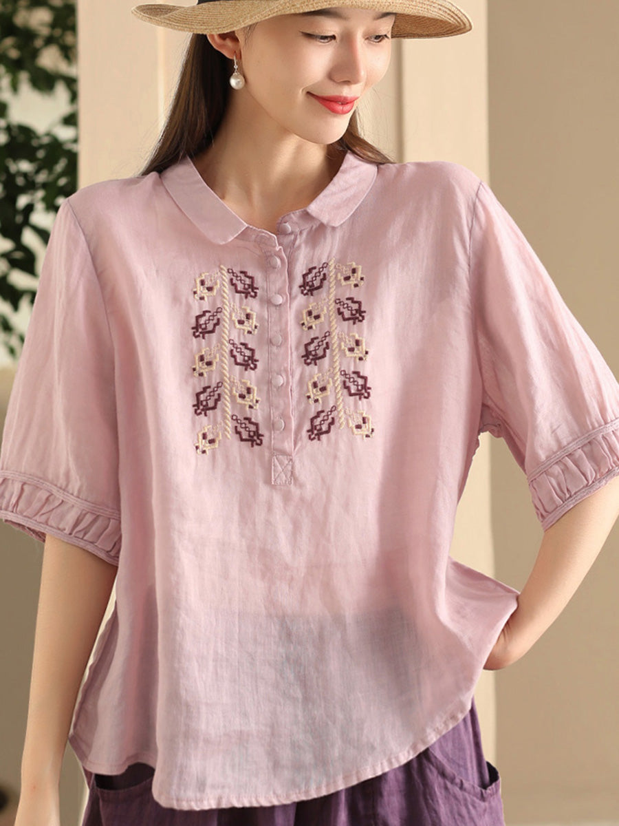 Women Summer Vintage Embroidery Turn-down Collar Ramie Shirt FD017 YDR