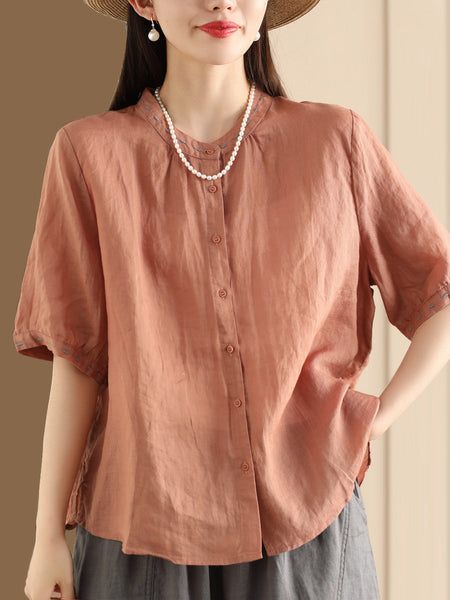 Women Summer O-Neck Embroidery Button-up Ramie Shirt PP1035 BUYKUD