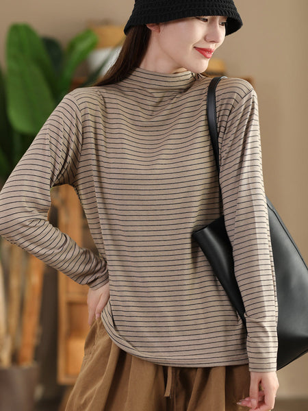 Women Autumn Casual Stripe Half Turtleneck Blouse AI1064 ZMMM