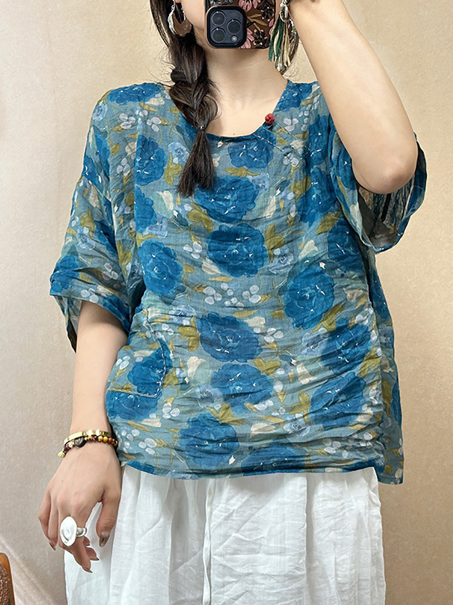 Women Summer Vintage Flower O-Neck Ramie Shirt PP1018 BUYKUD